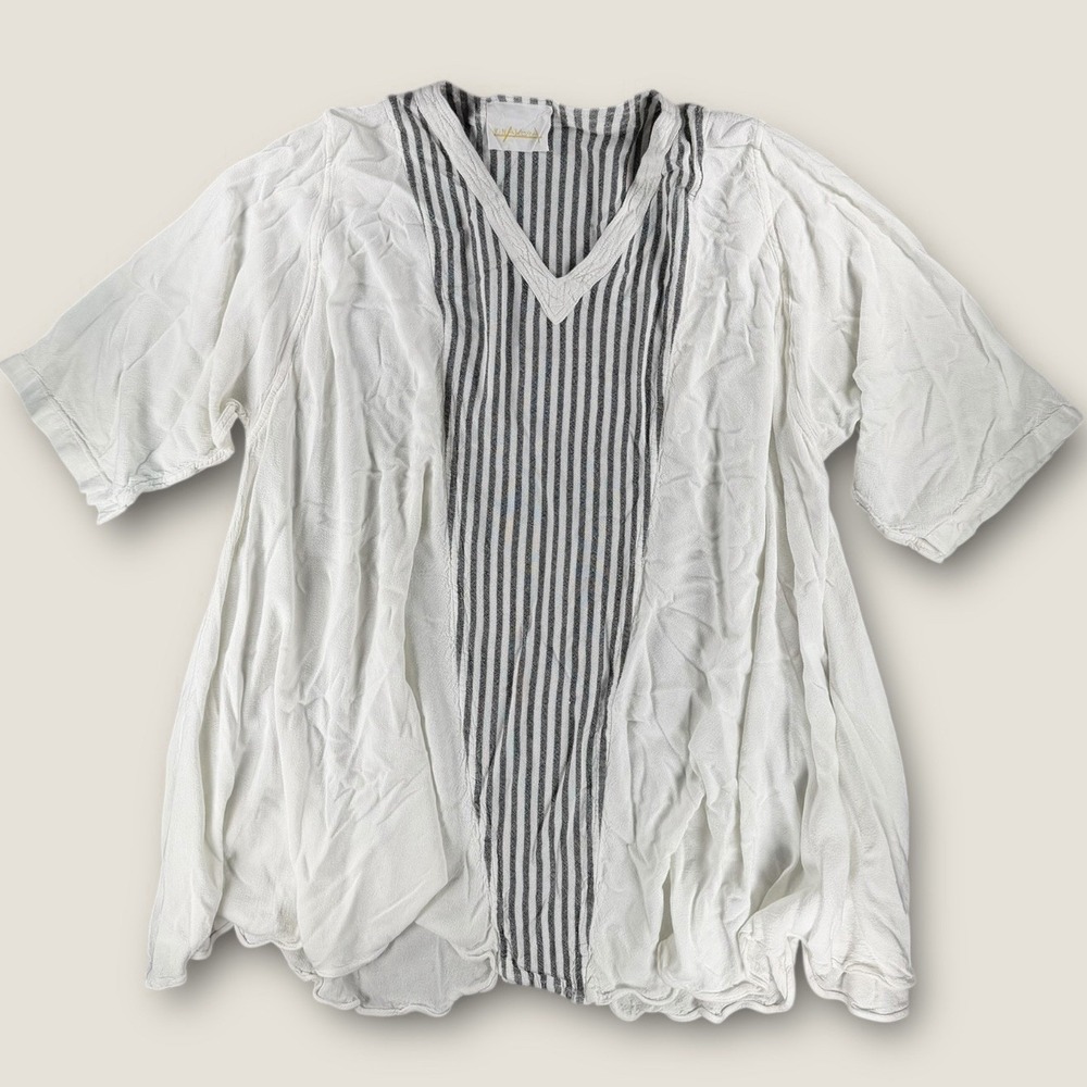 Kin Amora White Striped‎ Tunic Kaftan Top Cotton Rayon Handmade Morocco One Size